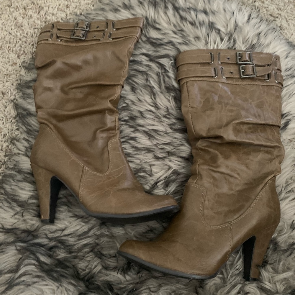 Below the knee heel brown boots